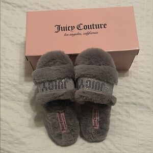 Juicy Couture Gray Furry Slippers with Sparkle Band